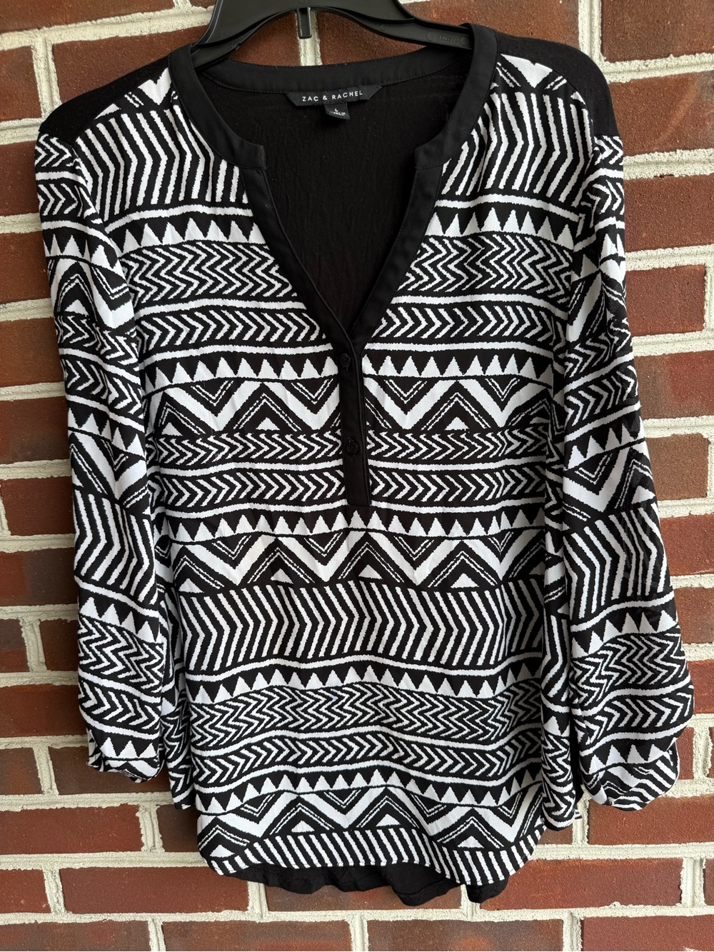 Zac & Rachel Black and White Aztec-Print Long Sleeve Top